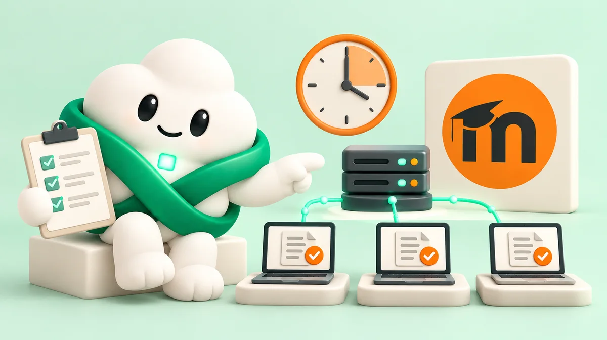 Elo verifica una evaluación Moodle con tres equipos de alumnos conectados al servidor y una confirmación de entrega