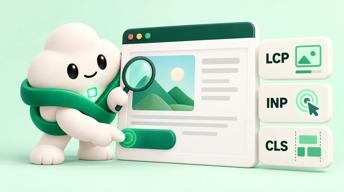 Elo examina uma página com lupa e testa as métricas LCP, INP e CLS